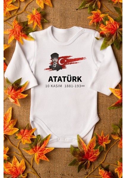Organik %100 Pamuk Atatürk 10 Kasım Baskılı Bebek Body Uzun Kollu Çıtçıtlı Badi Zıbın Tulum 5119