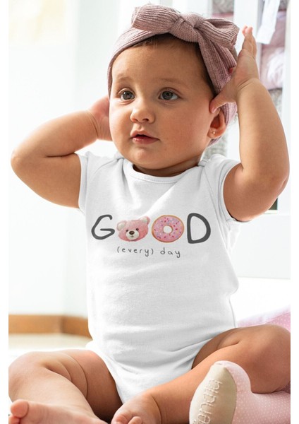 Organik %100 Pamuk Teddy Bear Good Baskılı Kısa Kollu Bebek Çıtçıtlı Body Badi Zıbın Tulum 5390