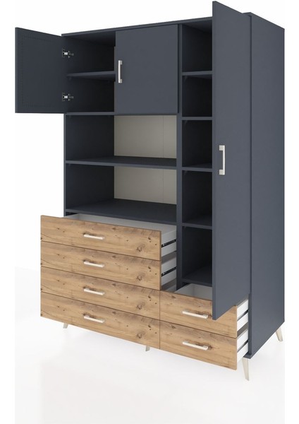 Kronos Dolap 9 Raflı 6 Çekmeceli 3 Kapaklı 132X59X195 Antrasit-Antrasit/çam modelleri