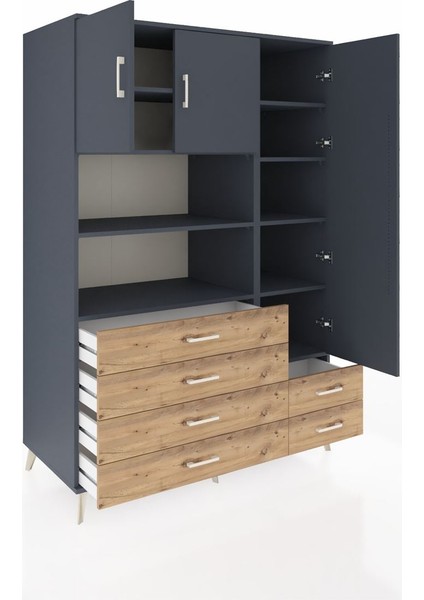 Kronos Dolap 9 Raflı 6 Çekmeceli 3 Kapaklı 132X59X195 Antrasit-Antrasit/çam indirimleri