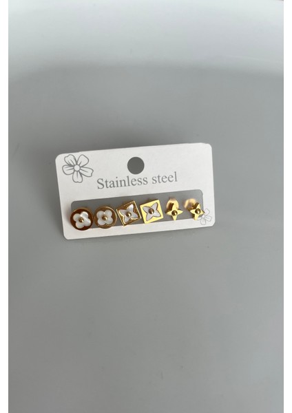 6'lı Paslanmaz Çelik Çiçek & Yonca Küpe Seti - Detaylı Gold Tonu