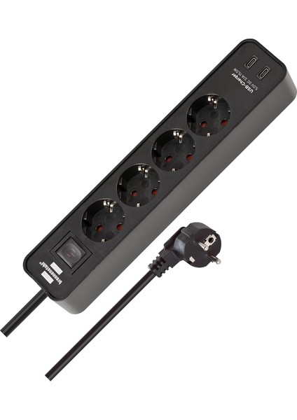 Ecolor Serisi 4 Soketli 2 Adet Type-C Hızlı Şarj Özellikli 1,5 Metre Kablolu Anahtarlı Priz Siyah