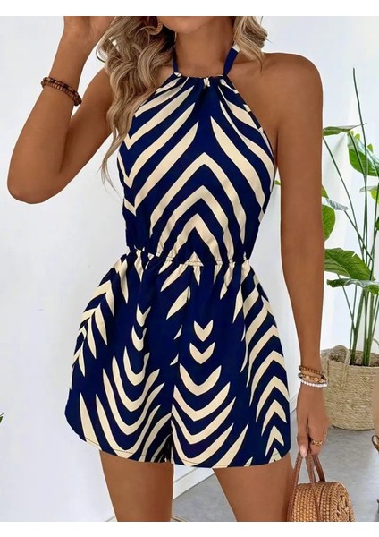 Kadın Boyundan Askılı Halter Yakalı Desenli Süprem Tulum fiyatları