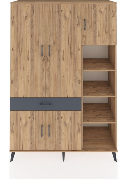 Hyperion Dolap 10 Raflı Tek Çekmeceli 5 Kapaklı 132X44X195 Çam-Çam/antrasit