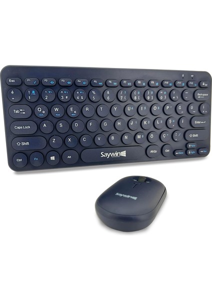Saywin Bluetooth Klavye Mouse Set Yuvarlak Tuşlu Ev ve Ofis Kullanımına Uygun Türkçe Q Taşınabilir Kablosuz Klavye Lacivert Renk SW-500