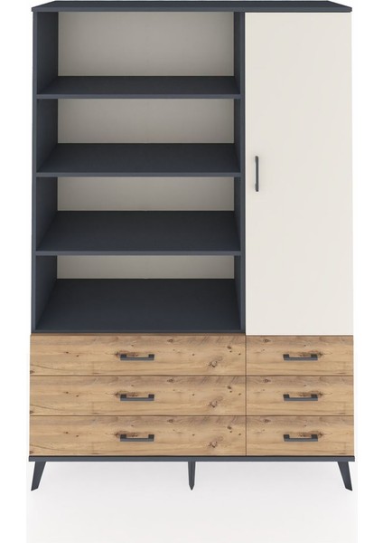 Hyperion Dolap 8 Raflı 6 Çekmeceli Tek Kapaklı 132X44X195 Antrasit-Aytaşı/çam