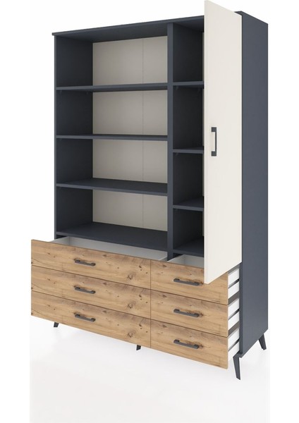 Hyperion Dolap 8 Raflı 6 Çekmeceli Tek Kapaklı 132X44X195 Antrasit-Aytaşı/çam modelleri