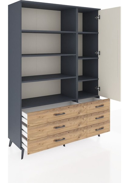Hyperion Dolap 8 Raflı 6 Çekmeceli Tek Kapaklı 132X44X195 Antrasit-Aytaşı/çam indirimleri
