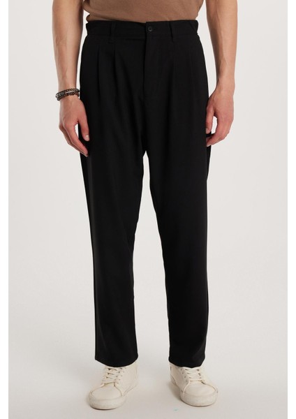 Erkek regular Fit Çift Pileli Beli Lastikli Rahat Kesim Bol Paça Baggy siyah Pantolon