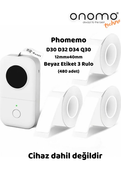Techno Phomemo (3 Rulo) 12X40MM/480 Adet Beyaz Etiket D30/Q3