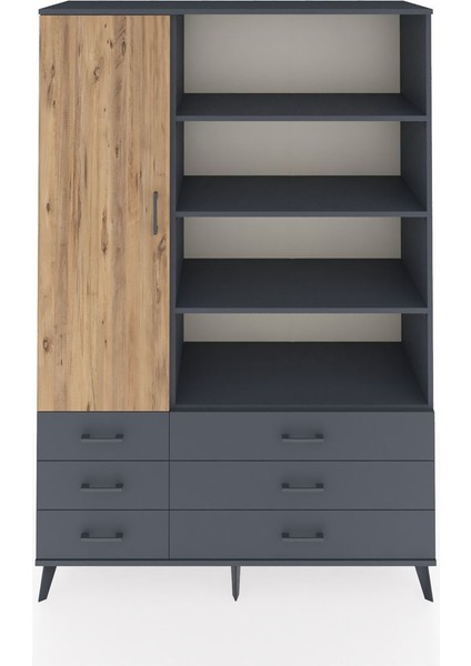 Hyperion Dolap 8 Raflı 6 Çekmeceli Tek Kapaklı 132X44X195 Antrasit-Çam/antrasit