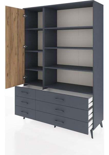 Hyperion Dolap 8 Raflı 6 Çekmeceli Tek Kapaklı 132X44X195 Antrasit-Çam/antrasit modelleri