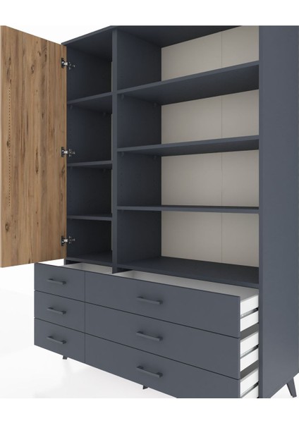 Hyperion Dolap 8 Raflı 6 Çekmeceli Tek Kapaklı 132X44X195 Antrasit-Çam/antrasit fırsatları