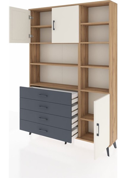 Arges Dolap 9 Raflı 4 Çekmeceli 3 Kapaklı 132X30X195 Çam-Aytaşı/antrasit modelleri
