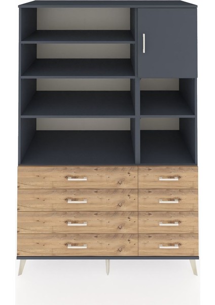 Kronos Dolap 8 Raflı 8 Çekmeceli Tek Kapaklı 132X59X195 Antrasit-Antrasit/çam