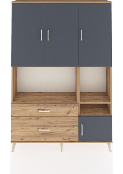 Arges Dolap 7 Raflı 2 Çekmeceli 4 Kapaklı 132X30X195 Çam-Antrasit/çam