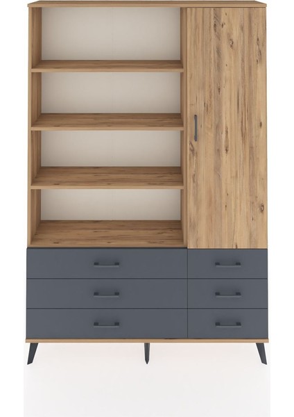 Arges Dolap 8 Raflı 6 Çekmeceli Tek Kapaklı 132X30X195 Çam-Çam/antrasit