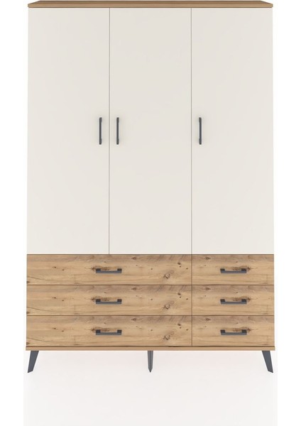 Arges Dolap 5 Raflı 6 Çekmeceli Tek Askılı 132X30X195 Çam-Aytaşı/çam
