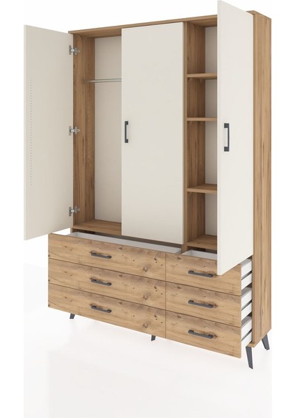 Arges Dolap 5 Raflı 6 Çekmeceli Tek Askılı 132X30X195 Çam-Aytaşı/çam modelleri