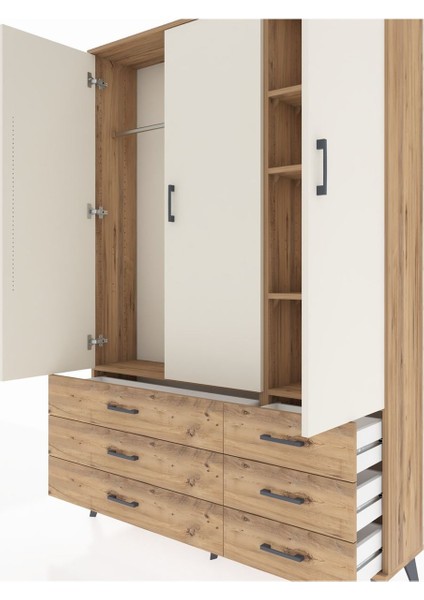 Arges Dolap 5 Raflı 6 Çekmeceli Tek Askılı 132X30X195 Çam-Aytaşı/çam fırsatları