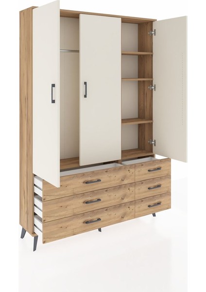 Arges Dolap 5 Raflı 6 Çekmeceli Tek Askılı 132X30X195 Çam-Aytaşı/çam indirimleri