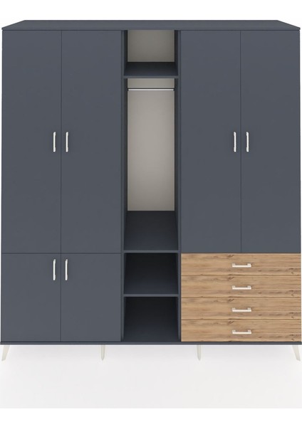 Kronos Dolap 14 Raflı 4 Çekmeceli Tek Askılı 220X59X243 Antrasit-Antrasit/çam