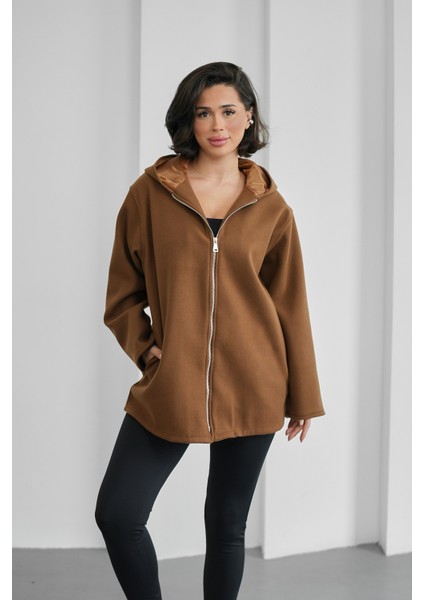 Kapüşonlu Astarlı Kadın Kaşe Hırka