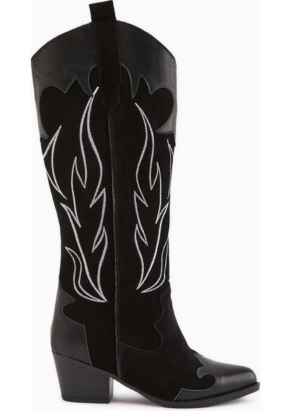 Lara Hakiki Deri Siyah Süet Nakışlı Deri Detaylı Topuklu Western Çizme