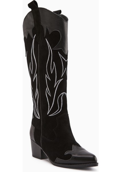 Lara Hakiki Deri Siyah Süet Nakışlı Deri Detaylı Topuklu Western Çizme fiyatları