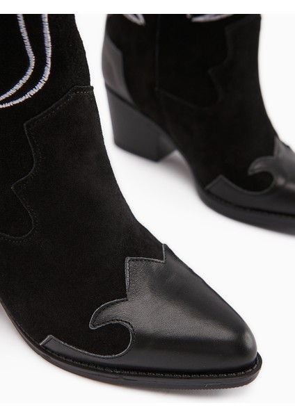 Lara Hakiki Deri Siyah Süet Nakışlı Deri Detaylı Topuklu Western Çizme fırsatları