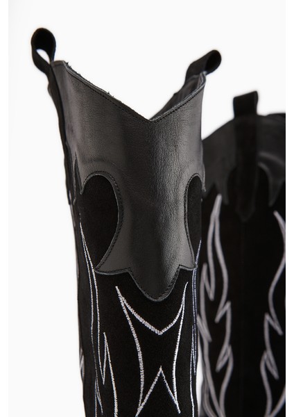 Lara Hakiki Deri Siyah Süet Nakışlı Deri Detaylı Topuklu Western Çizme indirimleri