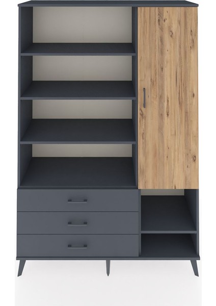 Hyperion Dolap 9 Raflı 3 Çekmeceli Tek Kapaklı 132X44X195 Antrasit-Çam/antrasit