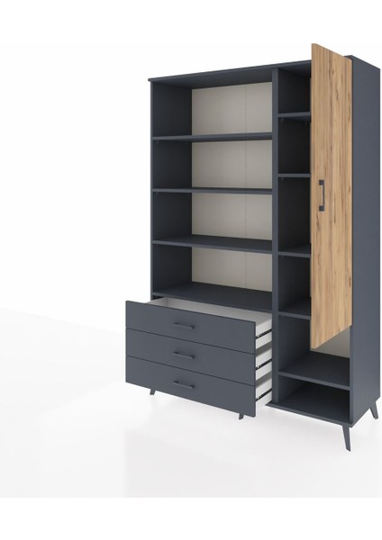 Hyperion Dolap 9 Raflı 3 Çekmeceli Tek Kapaklı 132X44X195 Antrasit-Çam/antrasit modelleri