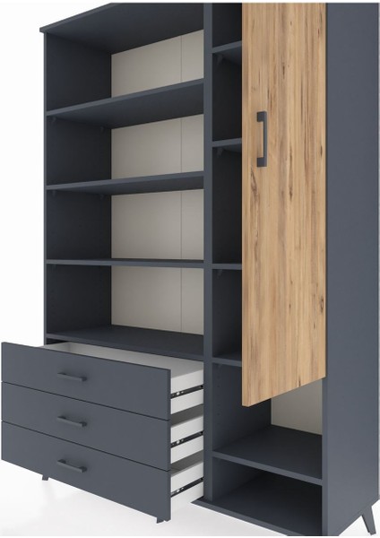 Hyperion Dolap 9 Raflı 3 Çekmeceli Tek Kapaklı 132X44X195 Antrasit-Çam/antrasit fırsatları