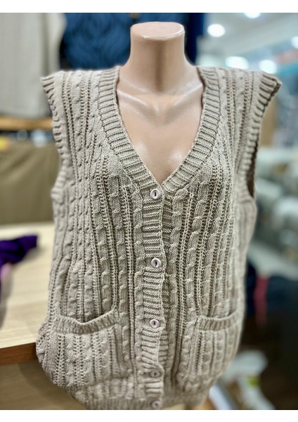 Kadın Triko Düğmeli Cepli Yelek