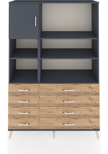 Hyperion Dolap 7 Raflı 8 Çekmeceli Tek Kapaklı 132X44X195 Antrasit-Antrasit/çam