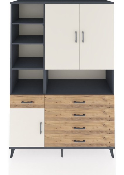 Hyperion Dolap 8 Raflı 5 Çekmeceli 3 Kapaklı 132X44X195 Antrasit-Aytaşı/çam