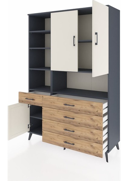 Hyperion Dolap 8 Raflı 5 Çekmeceli 3 Kapaklı 132X44X195 Antrasit-Aytaşı/çam modelleri