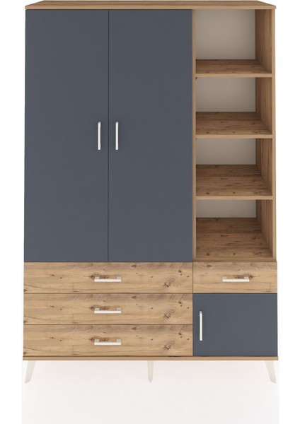 Hyperion Dolap 5 Raflı 4 Çekmeceli Tek Askılı 132X44X195 Çam-Antrasit/çam