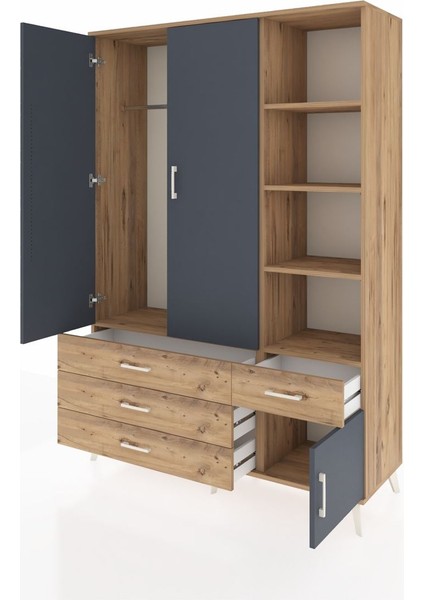 Hyperion Dolap 5 Raflı 4 Çekmeceli Tek Askılı 132X44X195 Çam-Antrasit/çam modelleri