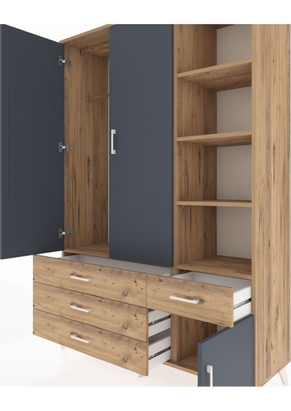 Hyperion Dolap 5 Raflı 4 Çekmeceli Tek Askılı 132X44X195 Çam-Antrasit/çam fırsatları