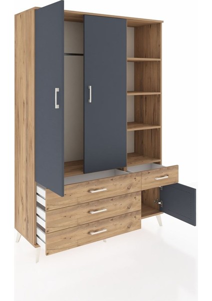 Hyperion Dolap 5 Raflı 4 Çekmeceli Tek Askılı 132X44X195 Çam-Antrasit/çam indirimleri