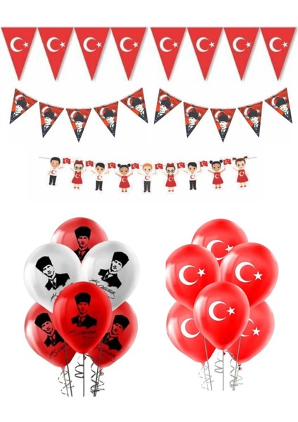 Flama Ay Yıldız - Flama Atatürk - Dekoratif Banner - 5 Ay Yıldızlı Balon - 5 Ata Balon
