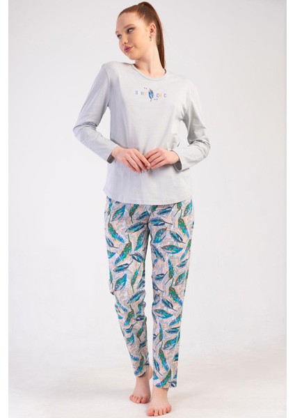 Kadın Büyük Beden Gri Renk Uzun Kollu Bisiklet Yaka Desenli Pijama Takımı C9T7N0205