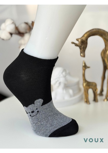 Pamuklu Ayıcık Desenli Siyah Kadın Sneaker Çorap 6 'lı