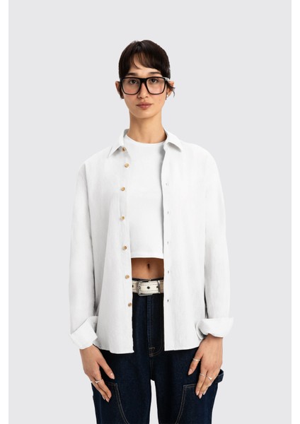 Beyaz Uzun Kollu Kadın Keten Gömlek