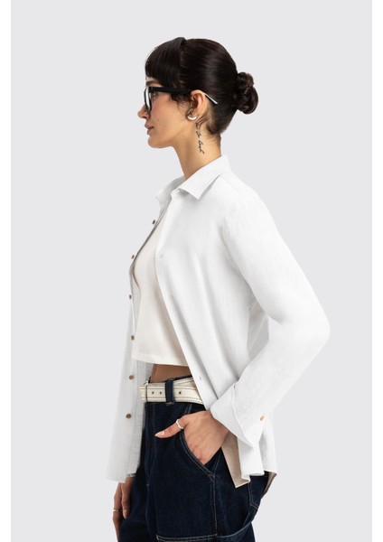Beyaz Uzun Kollu Kadın Keten Gömlek modelleri