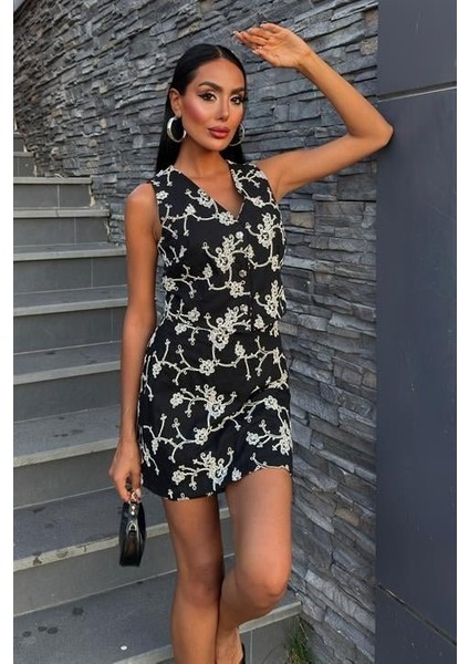 Nakışlı Yelek Şort Etekli Keten Takım 10226-08 modelleri