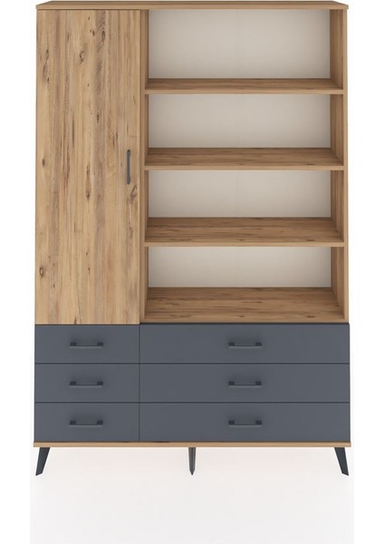 Arges Dolap 8 Raflı 6 Çekmeceli Tek Kapaklı 132X30X195 Çam-Çam/antrasit