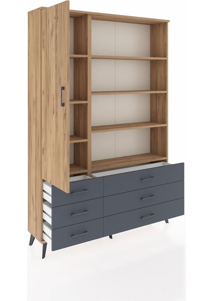 Arges Dolap 8 Raflı 6 Çekmeceli Tek Kapaklı 132X30X195 Çam-Çam/antrasit indirimleri